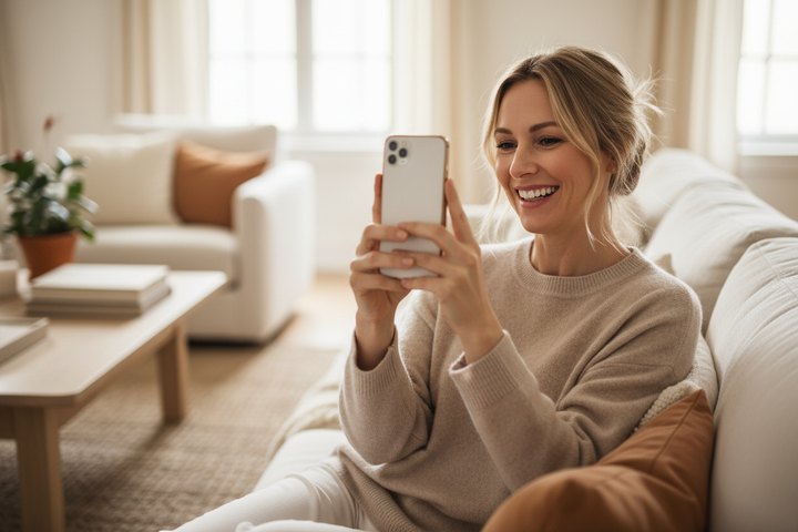 Zu Hause ein Foto des Lächelns für die Online-Beratung aufnehmen