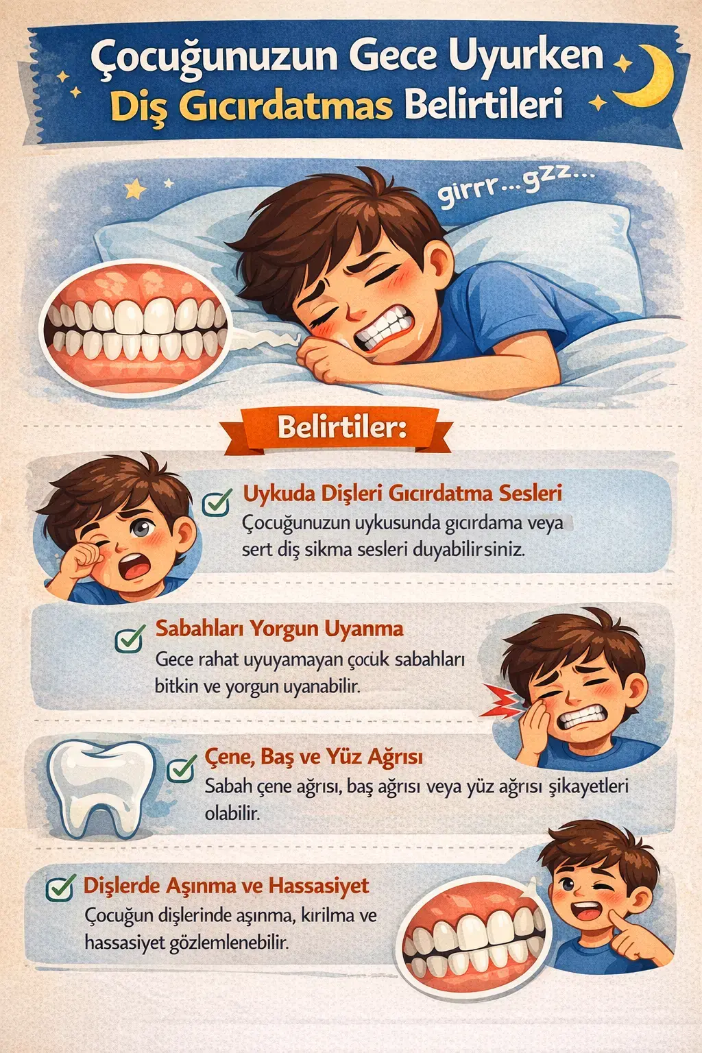 Çocuğunuzun Gece Uyurken Diş Gıcırdatma Belirtileri